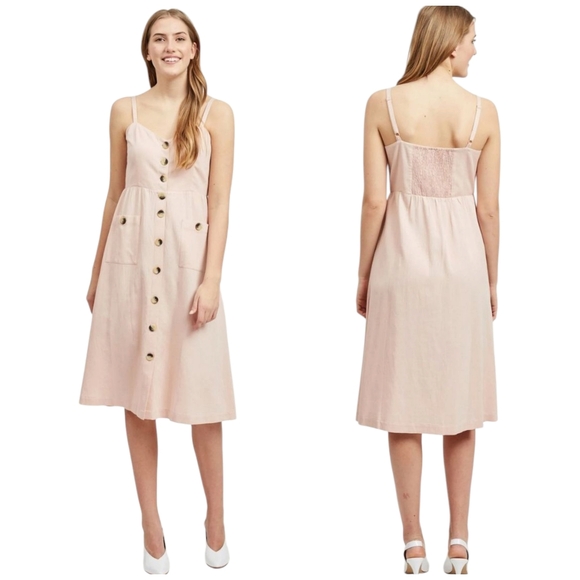 VILA Blush Pink Button-Front Midi Dress Size 4-6 Smocked Dainty - Picture 2 of 16